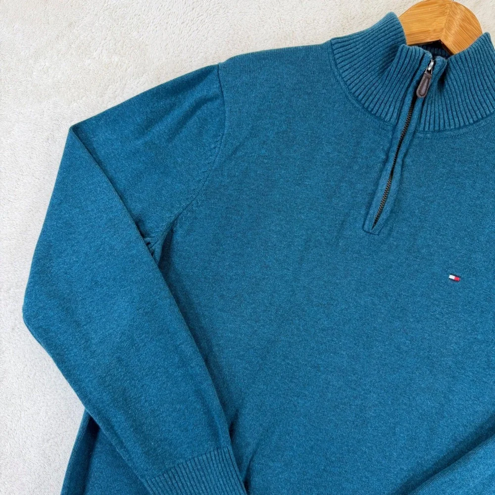 Tommy Hilfiger Mens Teal Blue Heather 1/4 Zip Cotton Pullover Sweater L